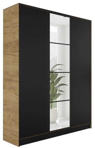 KIER FURNITURE Kleiderschrank mit Spiegel - Schrank Schlafzimmer - Garderobenschrank Flur - Ausziehbare Kleiderstange - Eden v4 - BxHxT 156,4x205x39cm - 3 Türen - Craft Eiche & Schwarz