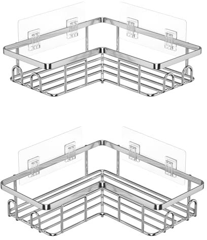 UUlioyer Corner Shower Caddy, Stainless Steel Bathroom Shelf No Drilling, Bath Storage with Hooks (2-Pack Corner Shower Caddy- Silver)