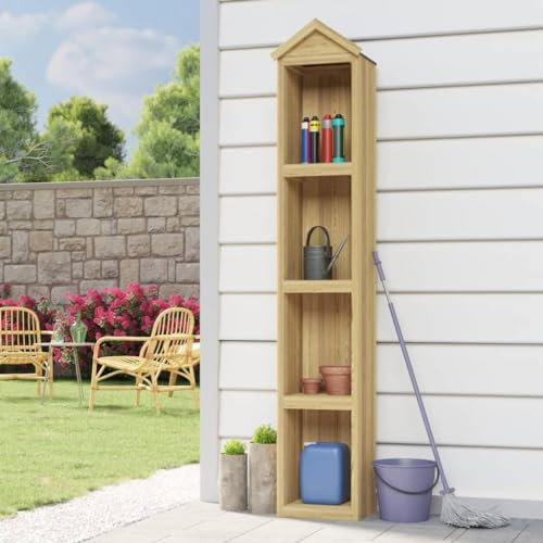 Gartenschrank, Holz-Geräteschuppen, Gartenhaus mit 4 offenen Ablageflächen, Geräteschrank mit Schloss für Balkon Terrasse, 40x33x222 cm Kiefernholz Imprägniert