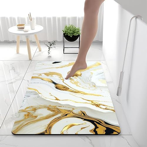 Zweig Badematte Goldenes Weiß Badezimmermatte Weiche Badematte,Bad Teppich,rutschfeste Waschbar Badvorleger,Duschmatte Deko Fussmatte Matte