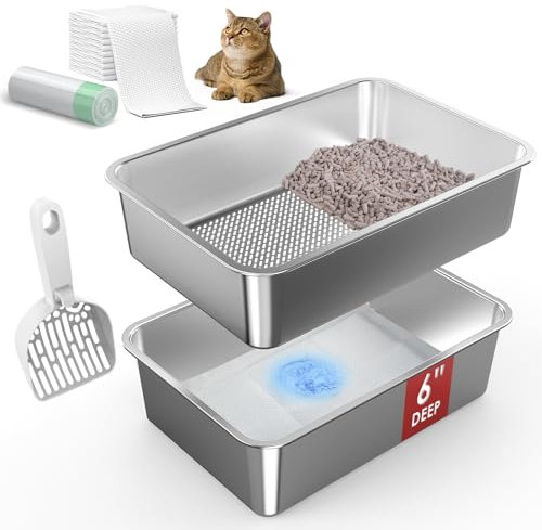 SuzziPaws 19.7''x13.7''x6'' Stainless Steel Litter Box, Silver, Large, Cat Owners, Unisex, Cat, Open Top Sifting Litter Box for Pine Pellets, Odor Control, Low Dust, Easy Cleaning