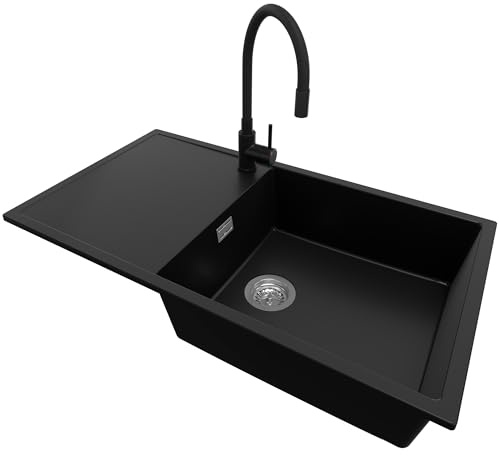 PRIMAGRAN Granitspüle ab 60er Unterschrank + Küchenarmatur, 90x50cm | Set: Küchenarmatur BW6020 + Ablauf-Set (Siphon, Ablaufgarnitur, Überlauf) + Spülbecken 1 Becken - Ibiza , Schwarz