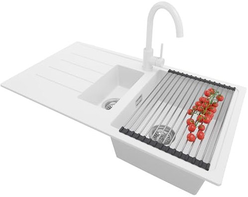 PRIMAGRAN Lavandino da Cucina Bianco 90x50cm, Lavello da Cucina a 1,5 vasche + Sifone Classico + Rubinetto 32x20cm + Accessorio, Lavabo da Cucina Incasso al mobile 60cm - Copenhagen Duo