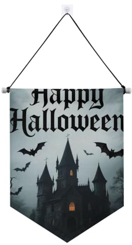 Happy Halloween Castle schwarze Banner zum Aufhängen mit Teleskopstange, Partybanner und Dekorationen für Tür, Wände, Fenster, Gärten, Hof