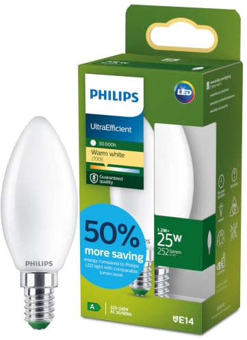 Philips LED UltraEfficient Frosted B35 Kerzenlampe, E14 kleiner Edison-Schraubsockel, Energieklasse A, 252 lm, entspricht 25 W, Warmweiß (2700 K), EyeComfort, 50.000 Stunden, 1 Packung
