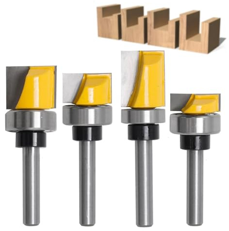JUUDDENPARTS 4 PCS 1/4 Shank Flush Trim Hinge Mortising Router Bit Set, Carbide Tipped Woodworking Tool for Cabinets, Door Frames, and Plywood Projects(Sliver&Yellow)