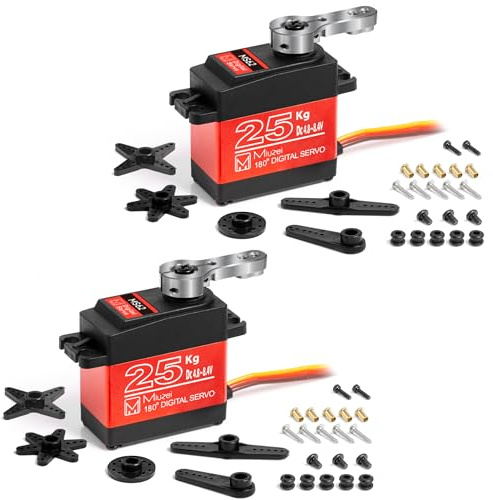 Miuzei 25kg RC Servo 180° Digital, 8,4V Metallgetriebe für Crawler Truck | 2 Stück, 0,14s, Spritzwasserschutz, Stark, CNC-Aluminium-Arm, 25T, Lenkservo für 1/8 1/10 Truggy Bagger Boot Roboter