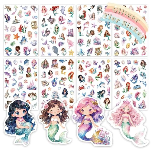 FloraVigo 8 Stück Meerjungfrau Glitzer Sticker mit mit Glitzereffekt, über 198 Muster Glitzeraufkleber, holografische, geeignet, geeignet für Kinder Mädchen Scrapbook (Meerjungfrau, 16.8 x 12.5cm)