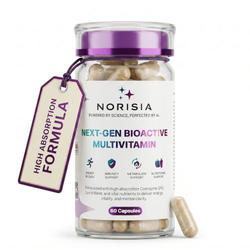 Norisia Multivitamins & Minerals for Men & Women, CoQ10 100mg, 60 Capsules | Advanced one-a-day formula with Lion’s Mane, D3, K2, zinc and seven B vitamins; 60-day supply; vegan, halal and kosher