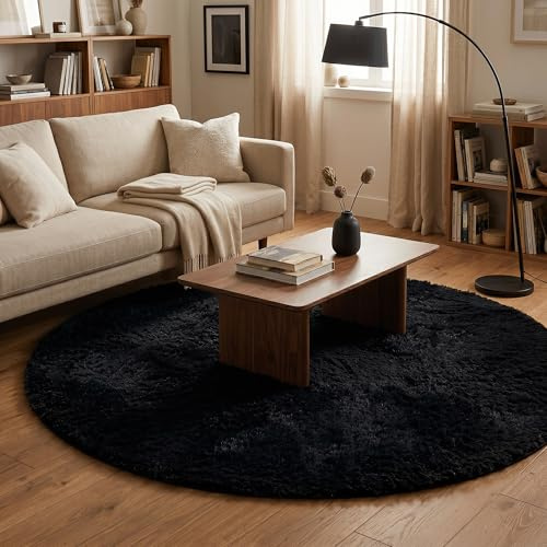 Pergamon Fluffy Shaggy Teppich Rund Schwarz – Hochflor Teppich extra weich, moderner Wohnzimmer Teppich, kuschelig & pflegeleicht