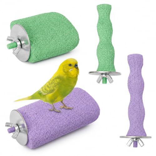 4 Stück Vogel Sitzstange aus Mineralstein, Große Vogel Kauspielzeug, Natürliche Knabberstange, EIS-am-Stiel Design, Kalkstein Sitzstangen 7x6,5cm & 12x6,5cm Für Wellensittiche Nymphensittiche