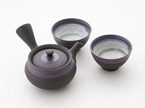 Ukou Original japanische Teekanne, Kyusu, mit 2 Becher: SHU Hira Murasakinakaobi. Integriertes Tee-Sieb aus Edelstahl. Echt Japanisches Tee-Set aus natürlichem Tokoname-Ton in schöner Geschenk-Box