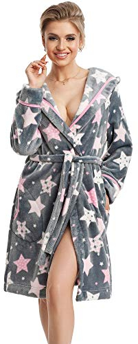 LEVERIE Vestaglia invernale donna con Cappuccio, Tasche e Cinturino, grigio stelle, S