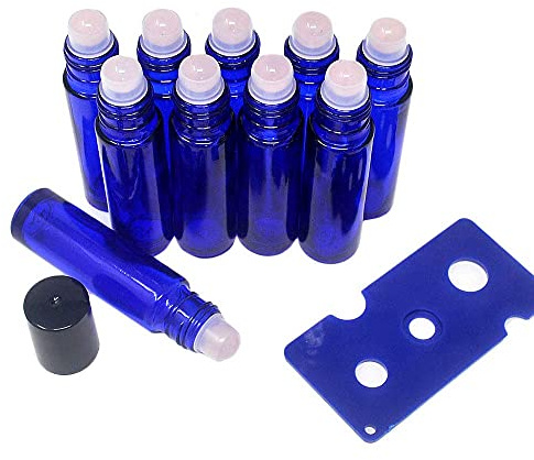 fengshuisale 10pcs Blue 10ml Empty Refillable Bottles with Crystal Semiprecious Stones Essential Oil Gemstone Roller Ball Bottles with Free Bag W3903, Rose Quartz, approx 9.6-10mm, Modern Decorative