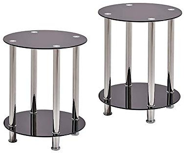 Huisen Furniture Pair Modern Living Room Side End Table with Storage Small Beside Sofa Couch Coffee Tea Round Table Black Tempered Glass 2 Tiers for Bedroom Corner 2pcs
