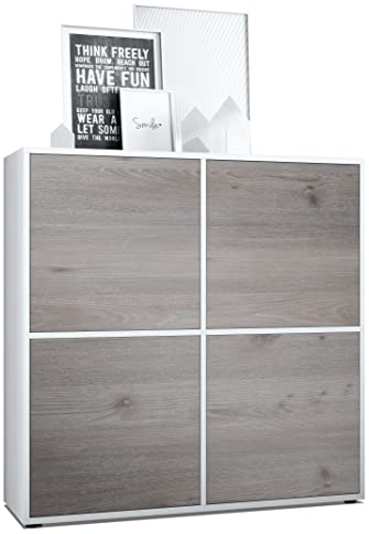 Vladon Highboard Cuba V2 Schrank 104 x 105,5 x 35,5 cm Sideboard mit 8 Fächern, Made in Germany, Korpus in Weiß matt/Fronten in Eiche Nordic