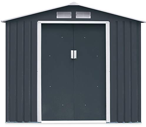 DREAMADE Gerätehaus Metall, Gartenhaus, Geräteschuppen, Metallschuppen 213x127x185 cm, Garten Schuppen inkl. Metallfundament (Grau)
