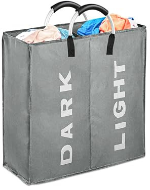 SPICOM 80L Laundry Basket with 2 Compartments Aluminium Handles Fabric Collapsible Foldable Laundry Bags Hamper Washing Storage Bin for Bedroom PE Coating Waterproof Texture (Dark Grey, 80L)