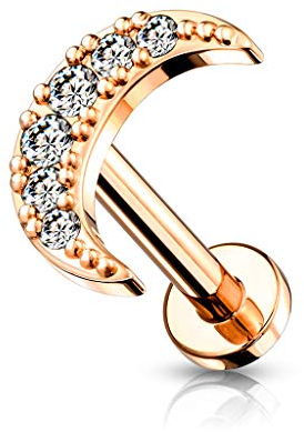 BlackAmazement 316L Edelstahl Labret Monroe Tragus Helix Ohrstecker Halbmond Mond Crescent Sichel 6mm 8mm Zirkonia CZ Rose Gold Silber Damen (Farbe Rosegold- Stablänge 8mm)