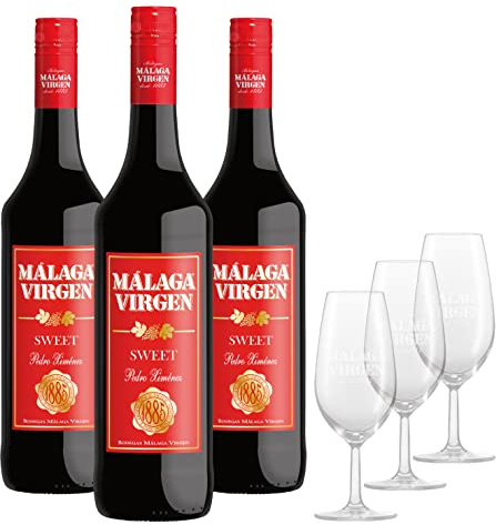 Málaga Virgen Sweet 75cl - Pack 3 bouteilles + 3 verres à vin gravés - Vin de liqueur doux D.O. Málaga