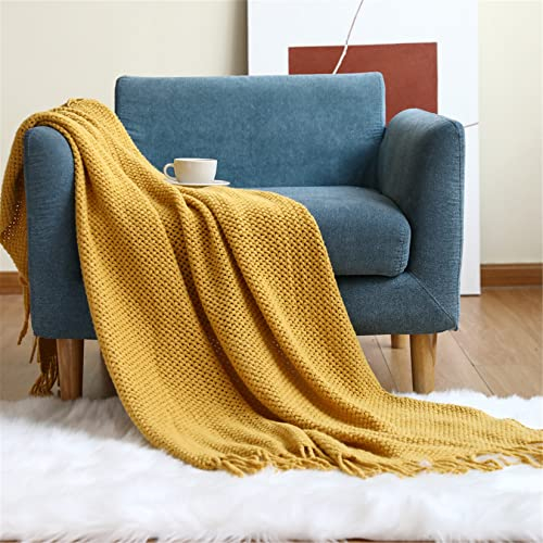 Hayisugal Tagesdecke Wohndecke Boho Decke weich Gestrickte Decke Wendedecke Kuscheldeck Sofadecke Couchdecke Soft überwurf Decke, Gelb, 130 x 200cm