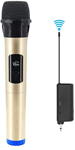 Hensych Handheld Wireless Microphone UHF Dynamic Mic with Portable Mini Receiver with LED Display Support Multiple Audio Systems Speakers Amplifiers Wireless Mic System (Gold)