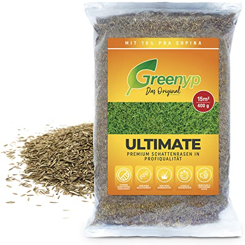 Greenyp® Ultimate I Premium Schattenrasen mit 10% Poa Supina I 0,4kg für 15m² I Nachsaat Grassamen Rasensamen Rasensaat Gras für besonders schattige Plätze