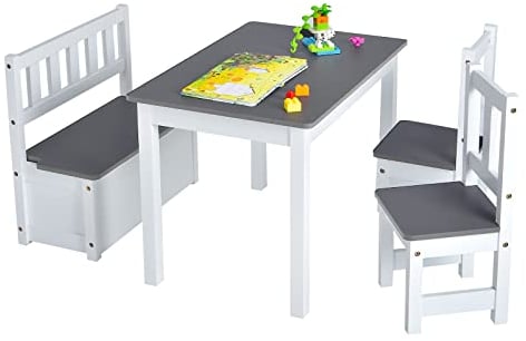 DREAMADE Kindertisch mit 2 Stühlen, Kindersitzgruppe mit 22L Strauraum, Kindertisch aus Holz, Kindertruhenbank Kindermöbelset Holzsitzgruppe für Kinderzimmer, Spielzimmer, Wohnzimmer (Grau)