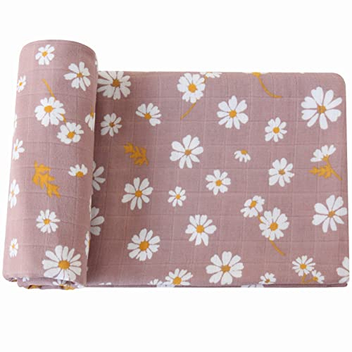 LifeTree Baby Pucktuch Musselin Tuch, Große 120x120cm Musselin Swaddle Decke Baby Bambus Baumwolle Swaddle Wrap für Junge und Mädchen Neugeborene, Gänseblümchen