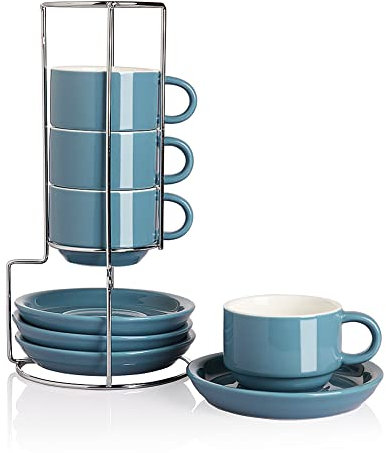 SWEEJAR Lot de 4 tasses à expresso en porcelaine avec soucoupes, tasses à cappuccino empilables avec support en métal pour boissons à café, latte, thé – Bleu brouillard
