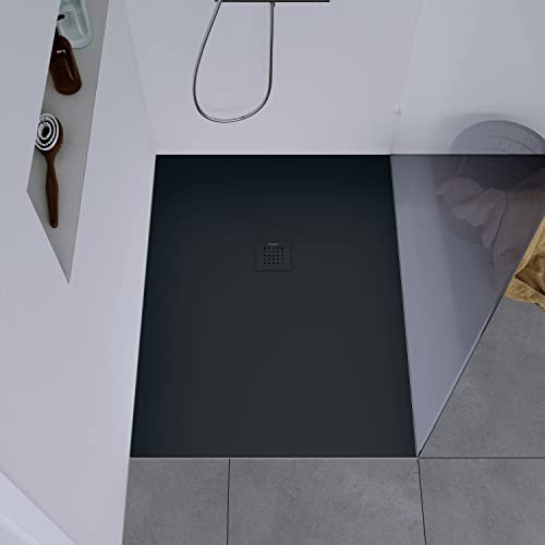 DURAVIT Duschtasse 100x80 cm, Flache Bauhöhe, Duschwanne DuraBayas in Dunkelgrau Matt aus Mineralguss mit integriertem Ablaufdeckel, Duschbecken mit Gefälle