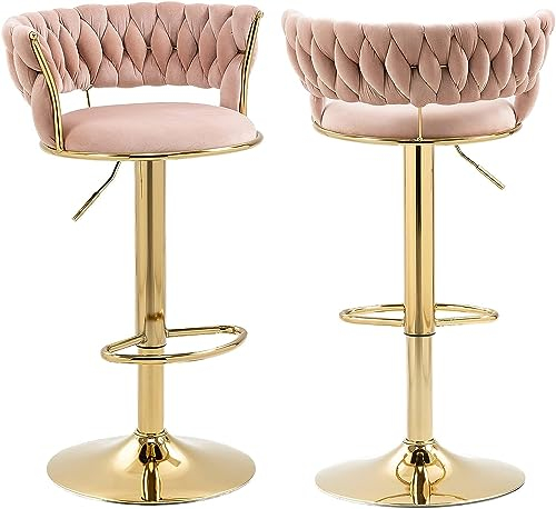 Juego de 2 taburetes de bar de terciopelo, altura regulable, con respaldo y reposabrazos, silla de bar ergonómica con terciopelo tejido a mano y patas doradas para isla de cocina, bar o restaurante