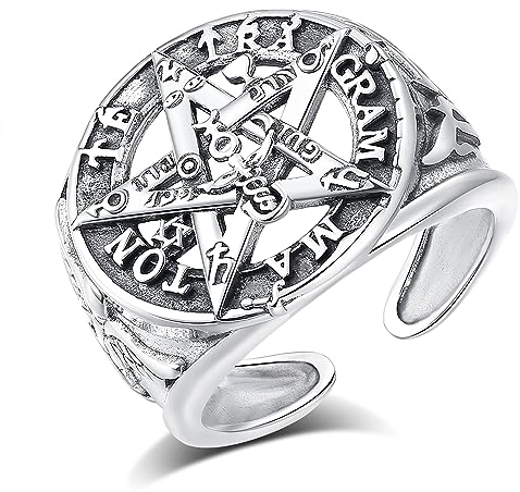 AEONSLOVE Tetragrammaton Ring Silber 925 für Herren Damen, Schutzamulett Pentagramm Verstellbarer Ring, Offener Witcher Ringe Vintage