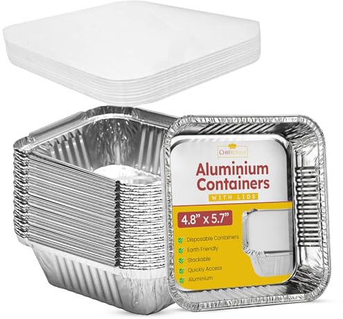 200x Disposable Aluminum Foil Containers with Lids | Size No 2, Disposable Foil Trays Containers | Rectangular Tin Foil Trays for Food Storage, Baking, Roasting, Meal Prep and Takeaway (400ml)