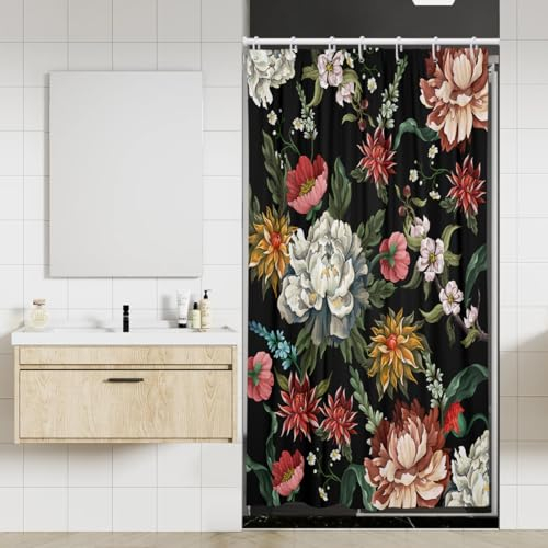 Coxila Floral Shower Curtain 36x72 Inch Stall Harf Mini Size Stand up Boho Plant Watercolor Flower Spring Colorful Black Dark Vintage Decorative Bathroom Polyester Fabric Waterproof 7 Pack Hooks
