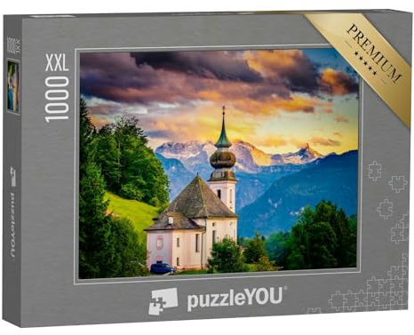 Puzzle 1000 Teile XXL „Sonnenuntergang Blick auf die Kirche Maria Gern mit dem berühmten Watzmann-Gipfel im H“
