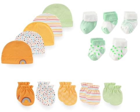 JELYLOVE Unisex Neugeborene Jungen Mädchen Mützen Handschuhe Socken Sets 15er Pack Weich Komfortabel Babyzubehör Neugeboren