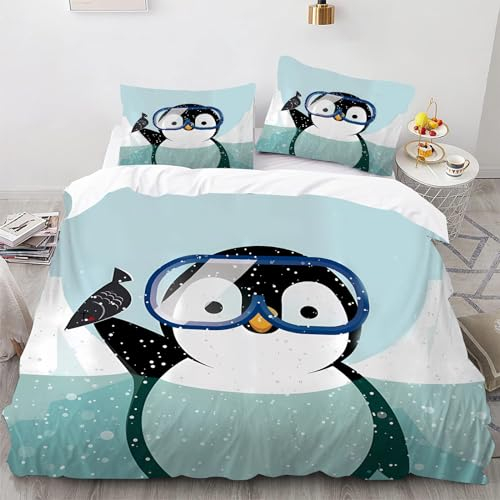 CHEFFS Pinguin Bettwäsche 135x200 Kinderbettwäsche Pinguin für Jungen Mädchen Biber Bettwäsche Set mit Pinguin 135 x 200 cm 3D Drucken Mit Reißverschluss (135 x 200 cm,4)