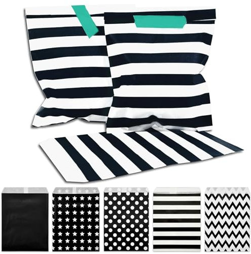 Frau WUNDERVoll® 100 Papiertüten schwarz weiße Streifen, 13 x 16,5 cm, 45 Gramm Papier, flach/Candy Bar, Hochzeit, Kindergeburtstag, Papiertütchen, Candybag, Tüten, Mitgebseltüten