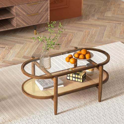 GOPLUS - Mesa baja ovalada francesa vintage con bandeja de cristal templado y marco de madera de acacia, mesa de salón para oficina y casa, carga 35 + 25 kg, 102 x 56 x 47 cm, color nogal