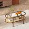 GOPLUS - Mesa baja ovalada francesa vintage con bandeja de cristal templado y marco de madera de acacia, mesa de salón para oficina y casa, carga 35 + 25 kg, 102 x 56 x 47 cm, color nogal
