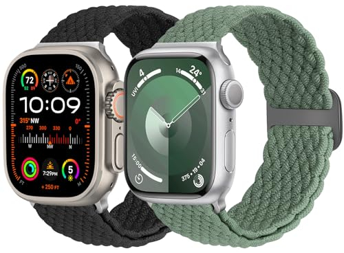 Yunshare 2 Stück Geflochtene Armband Kompatibel mit Apple Watch Armband 49mm 45mm 46mm 44mm 42mm 41mm 40mm 38mm für Damen Herren, Nylon Armband für Apple Watch Series 10 9 8 7 6 5 4 3 SE Ultra 2 1