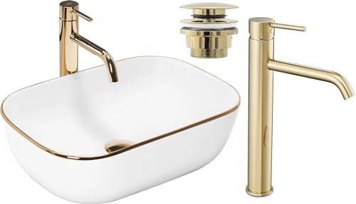 GTM Design Aufsatzwaschbecken Glanz Set mit Waschtischbatterie und Stopfen - Aufsatzwaschbecken Oval für Badezimmer - Modern Waschbecken ohne Hahnloch - Waschbecken mit Armature - Modell 10