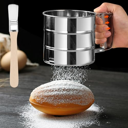 ELNLE Mehlsieb Edelstahl Puderzuckerstreuer, Puderzuckermühle Edelstahl, mehlsieb Einhand Puderzuckersieb 250g Volumen mit 4 Drahtrührwerken für Schnelles Sieben und Messmarke für Mehl Zucker usw