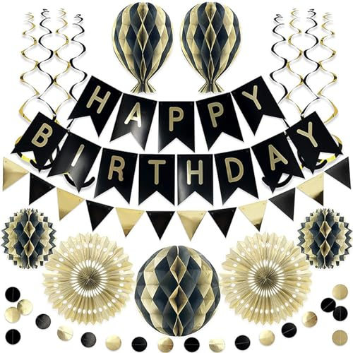 Wabenbälle Geburtstagsdeko Set, Premium Wiederverwendbare Geburtstag & Party Zubehör, Happy Birthday Kindergeburtstag Deko, Wimpelkette Geburtstag, Wabenbälle, Pompons Deko, Papier Fächer Dekoration