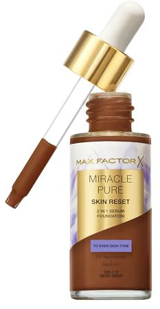 Max Factor Miracle Pure 2in1 Skin Reset Serum Foundation 100-110 - Very Deep - Vegan Formel gleicht den Teint - Medium deckendes Ergebnis - satinartig mattes Finish Niacinamid & Bisabolol 30ml