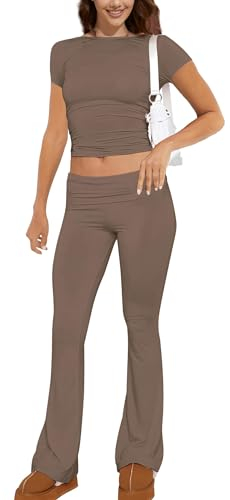 ROFUSSO Verano Mujeres Dos Piezas Lounge Set Slim Fit Tops de Manga Corta y Yoga Flare Pantalones Chándal Leisure Outfit Fitness Conjunto Deportivo