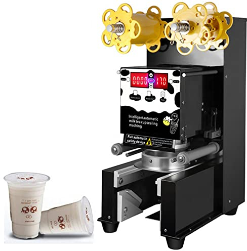 JINGEDD Fully Automatic Cup Sealing Machine 450W Electric Commercial Cup Sealer Bubble Tea Cup Sealing Machine for 90/95mm Plastic& Paper Cup 400-600 Cups/Hour,Black