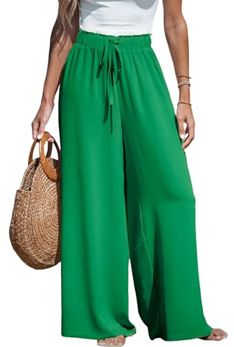 CUPSHE Women Trousers Drawstring Wide Leg High Waist Casual Beach Lightweight Summer Trousers, Green, XL