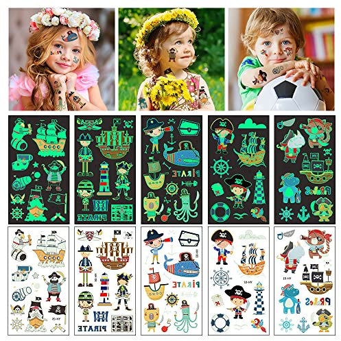 Aomig Children's Tattoos Set, 10 Sheets Temporary Tattoos, Glow in the Dark Tattoo for Girls Boys Skin-Friendly Temporary Children's Tattoos, Pirat Temporary Tattoos Stickers for Birthday Party Bags